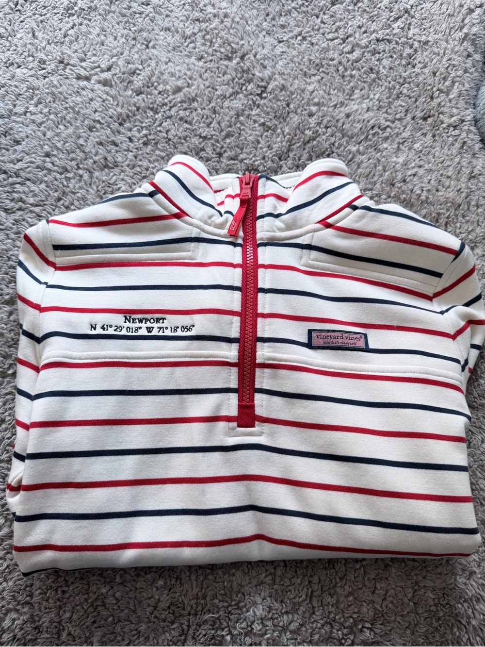 Newport Cream Striped Quarter-Zip Hoodie with Red and Navy Accents